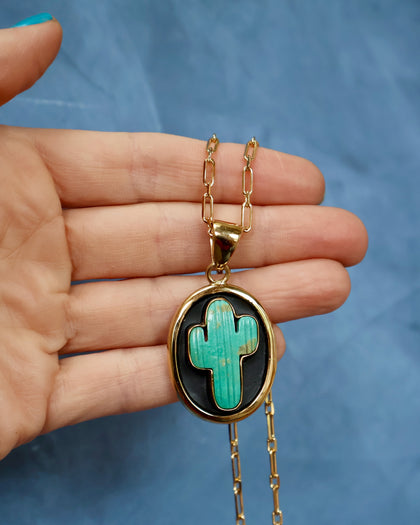 Campitos Turquoise Cactus Shadow Box Pendant on Gold Fill Chain