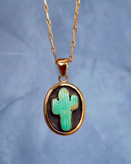 Campitos Turquoise Cactus Shadow Box Pendant on Gold Fill Chain