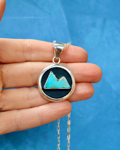 Campitos Turquoise Mountain Shadow Box Pendant on Sterling Silver Chain