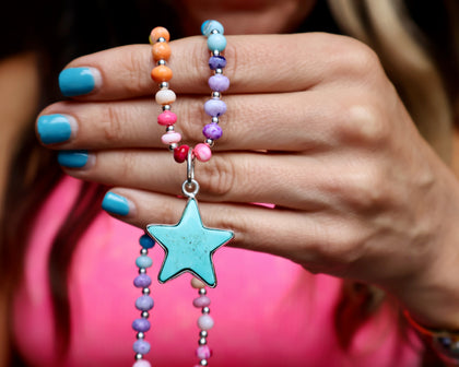 Turquoise Star with Rainbow Opal Necklace in Gold