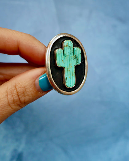 Campitos Turquoise Cactus Shadowbox Ring Sterling Silver (Large Cactus)