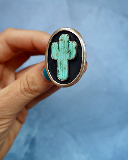Campitos Turquoise Cactus Shadowbox Ring Sterling Silver (Large Cactus)