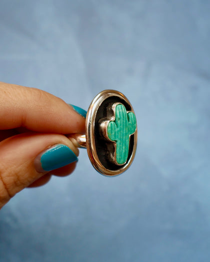 Campitos Turquoise Cactus Shadowbox Sterling Silver Ring (small cactus)