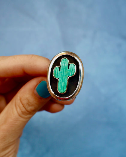 Campitos Turquoise Cactus Shadowbox Sterling Silver Ring (small cactus)