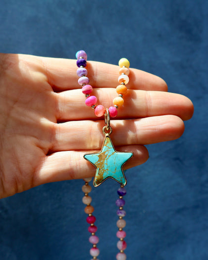 Turquoise Star with Rainbow Opal Necklace in Gold