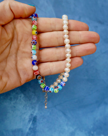 Colorblock Necklace Millefiori & Pearls Large