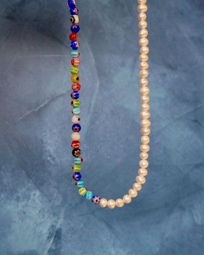 Colorblock Necklace Millefiori & Pearls Large