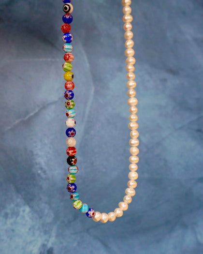 Colorblock Necklace Millefiori & Pearls Large