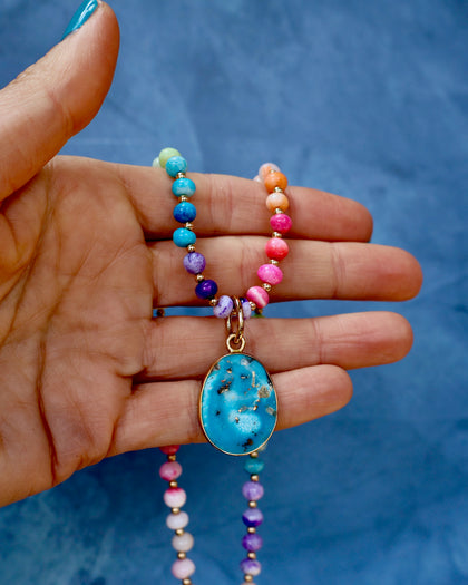 Turquoise Pendant with Rainbow Opal Necklace in Gold