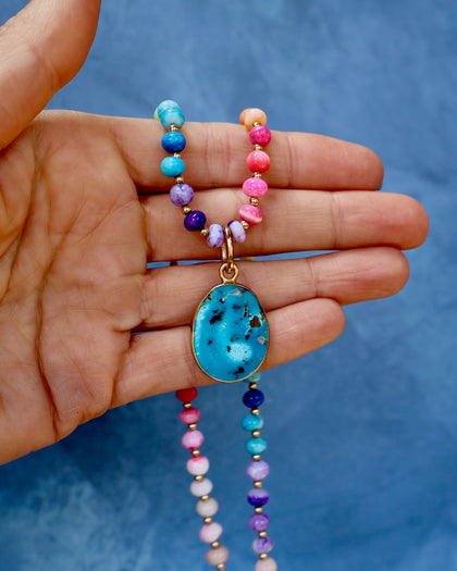 Turquoise Pendant with Rainbow Opal Necklace in Gold