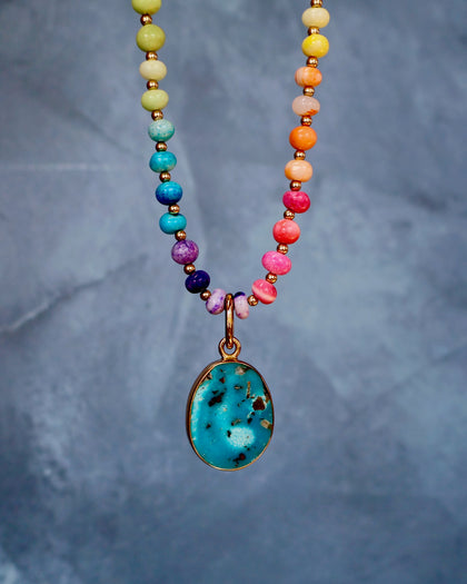Turquoise Pendant with Rainbow Opal Necklace in Gold