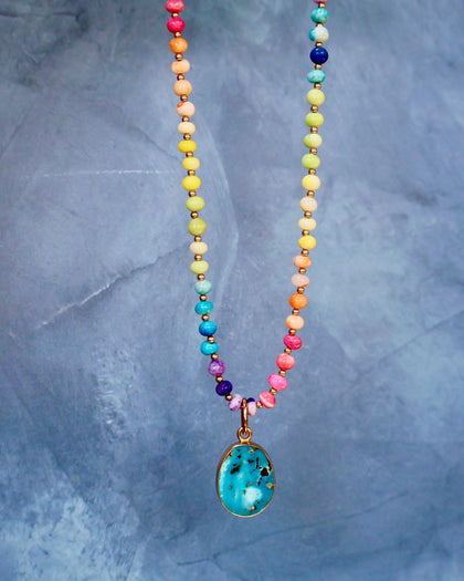 Turquoise Pendant with Rainbow Opal Necklace in Gold