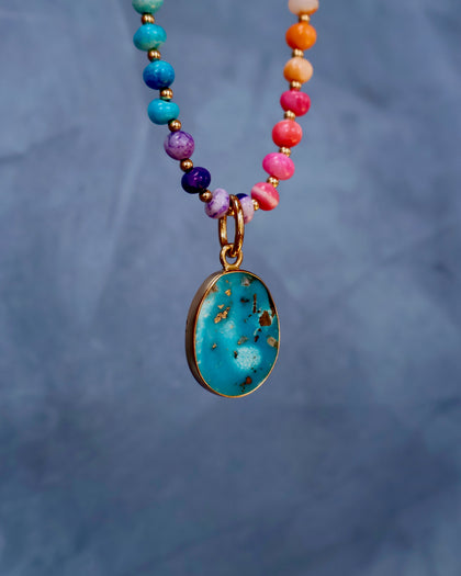 Turquoise Pendant with Rainbow Opal Necklace in Gold
