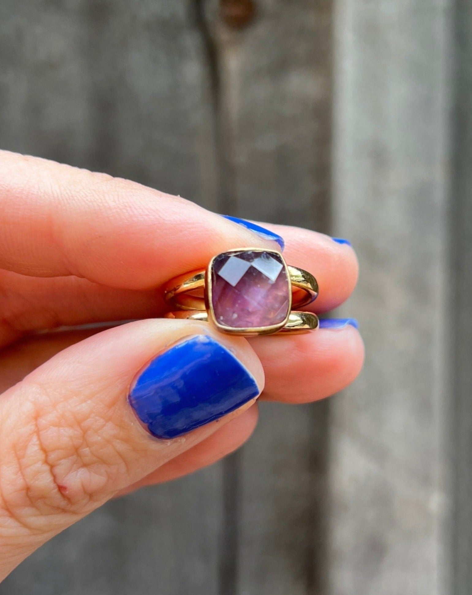 Cushion Cut Amethyst Double Band Adjustable Ring- Gold Alchemia #110