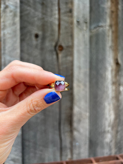 Cushion Cut Amethyst Double Band Adjustable Ring- Gold Alchemia
