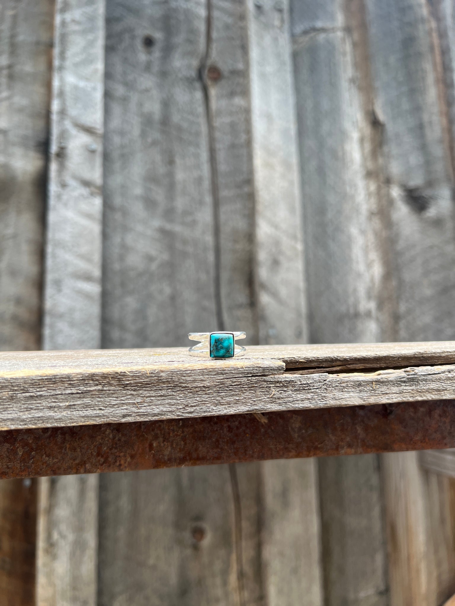 Turquoise Square Double Band Ring in Sterling Silver- Adjustable