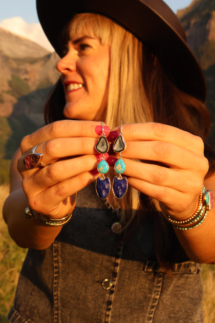 Lapis Coyote, Geode and Turquoise earrings in Sterling Silver