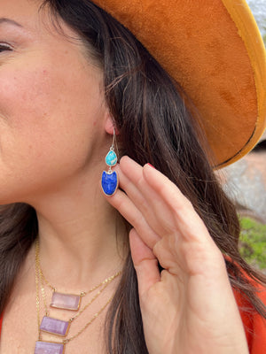 White Water Turquoise & Lapis Coyote Earring in Sterling Silver #95