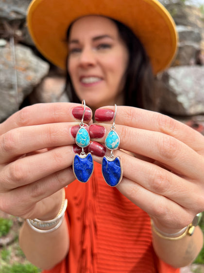 White Water Turquoise & Lapis Coyote Earring in Sterling Silver