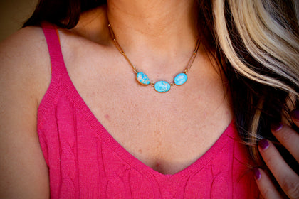 Triple Stone Turquoise Necklace on Gold Fill Paperclip Chain