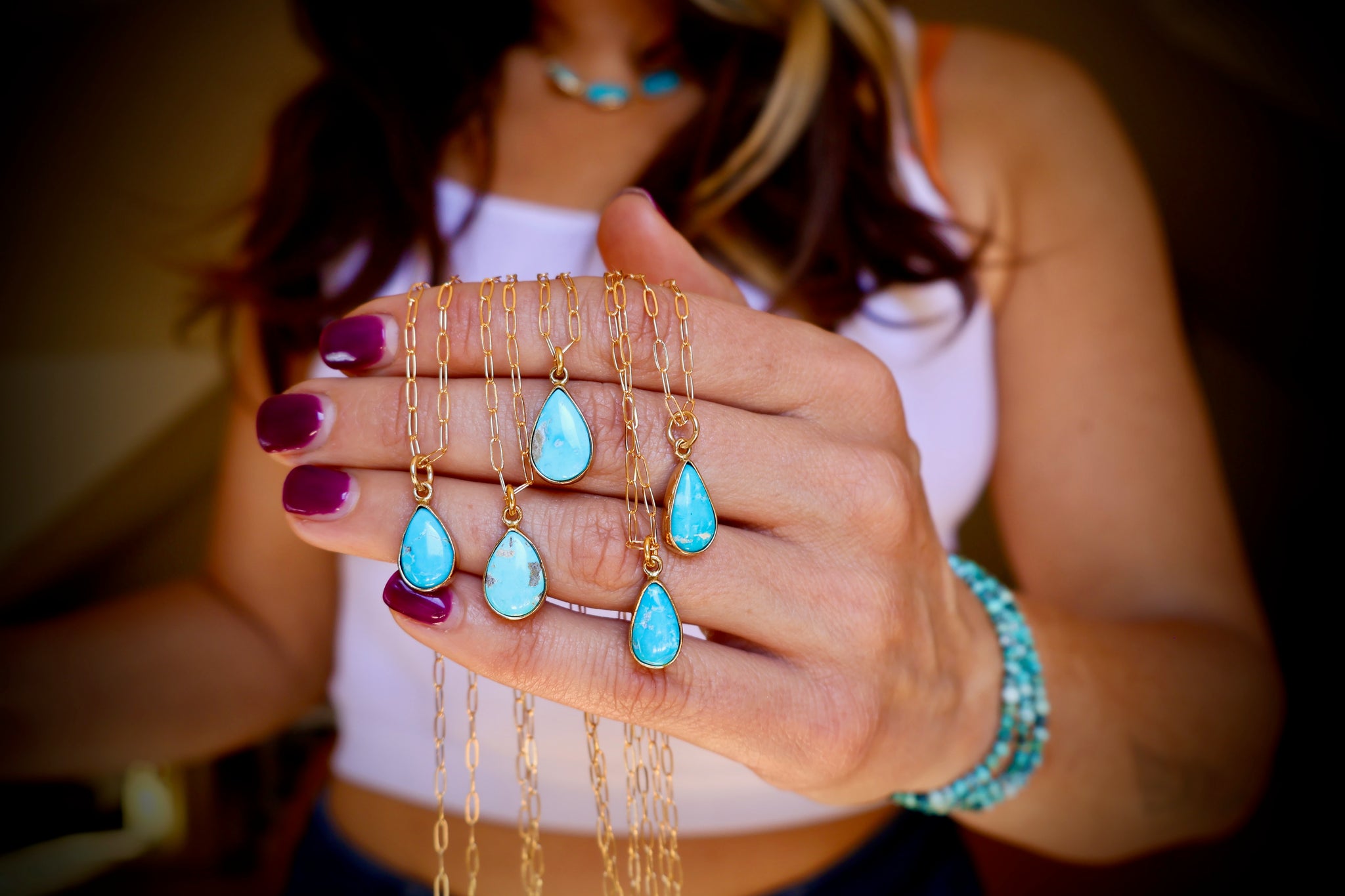 Dainty Turquoise Necklace on Gold Fill Paperclip Chain WT133