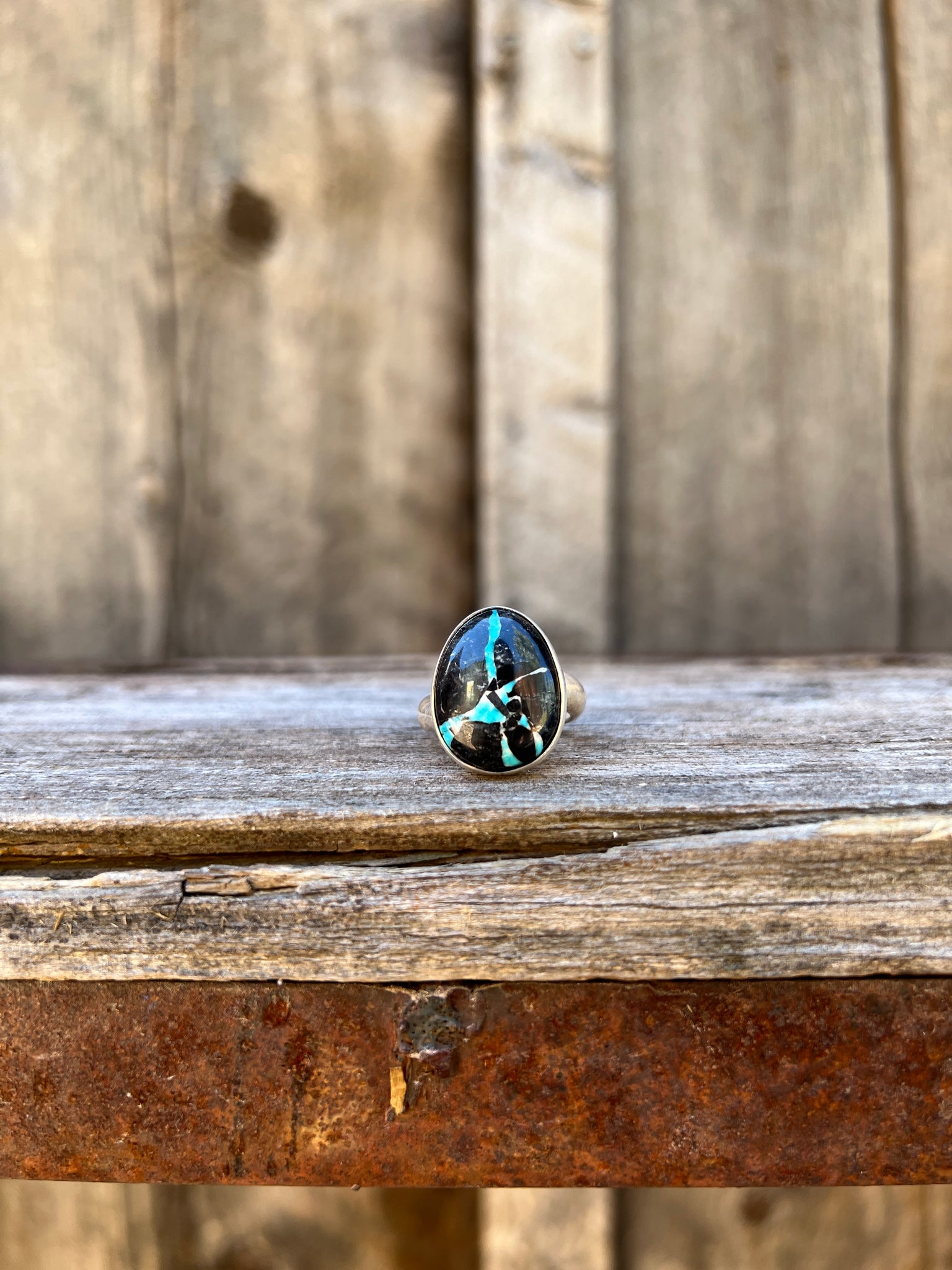 Black Buffalo & Sterling Silver Adjustable Ring D1