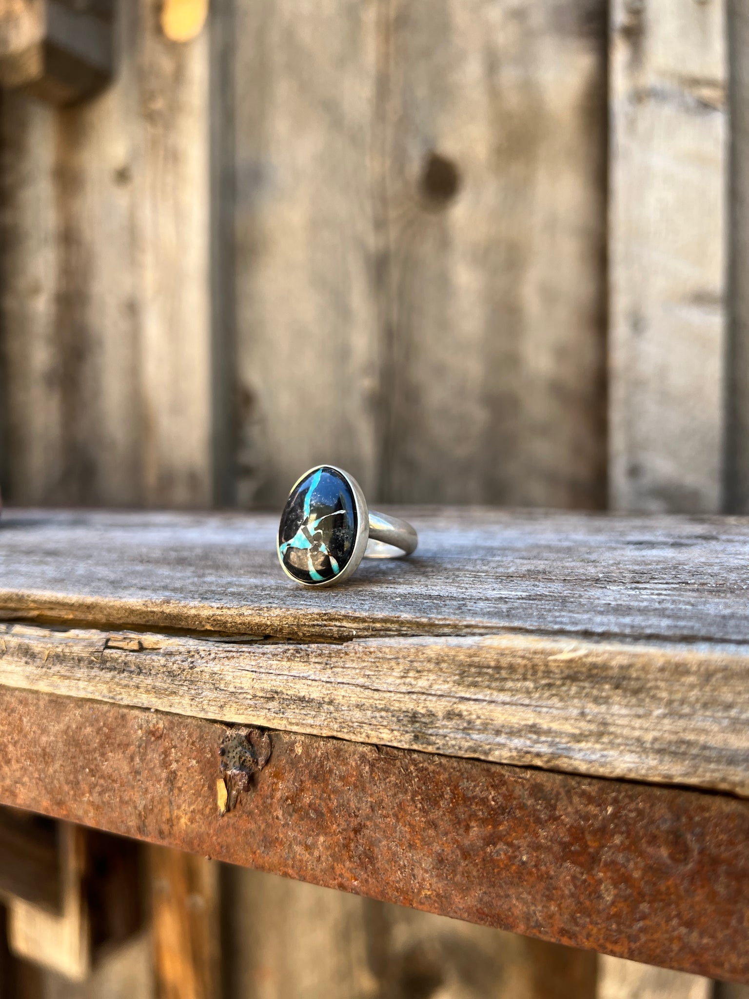 Black Buffalo & Sterling Silver Adjustable Ring D1