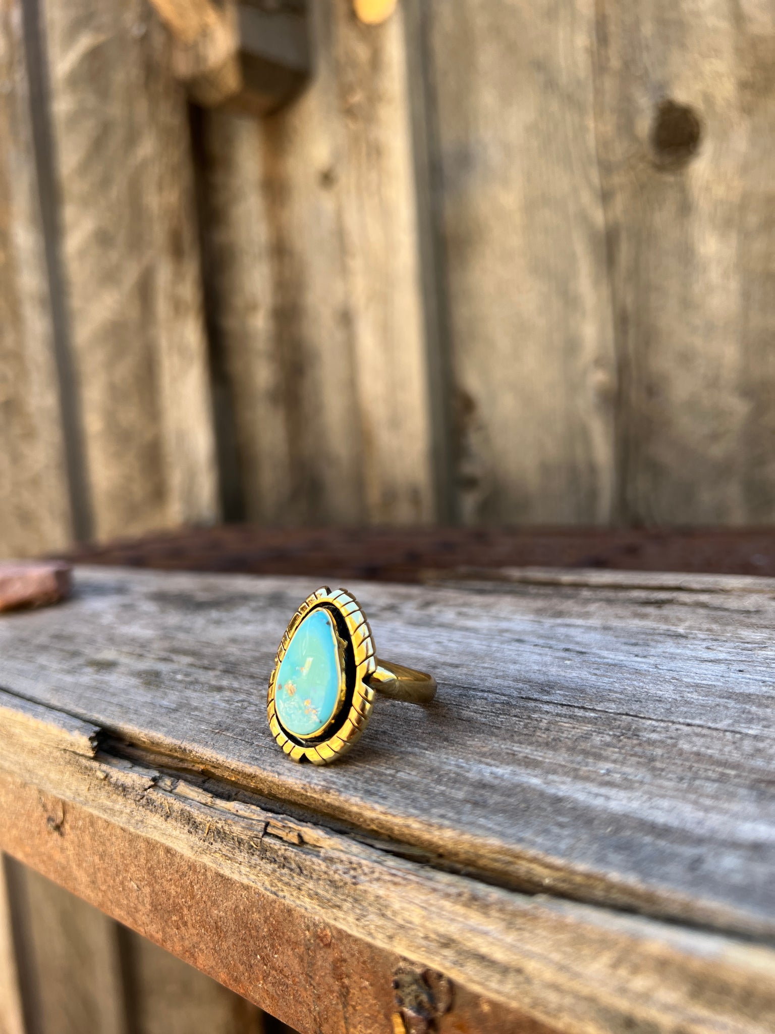 White Water Turquoise & Gold Alchemia Adjustable Ring with detailed band D2