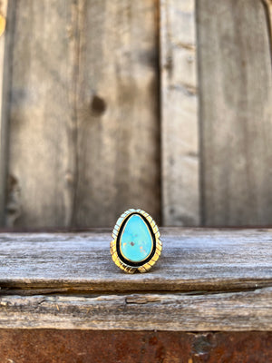 White Water Turquoise & Gold Alchemia Adjustable Ring with detailed band D2