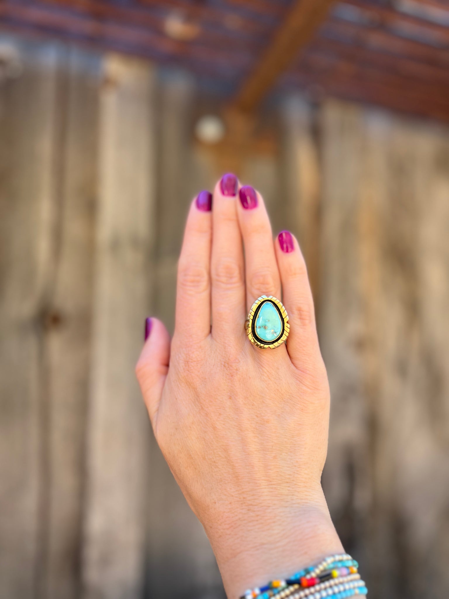 White Water Turquoise & Gold Alchemia Adjustable Ring with detailed band D2