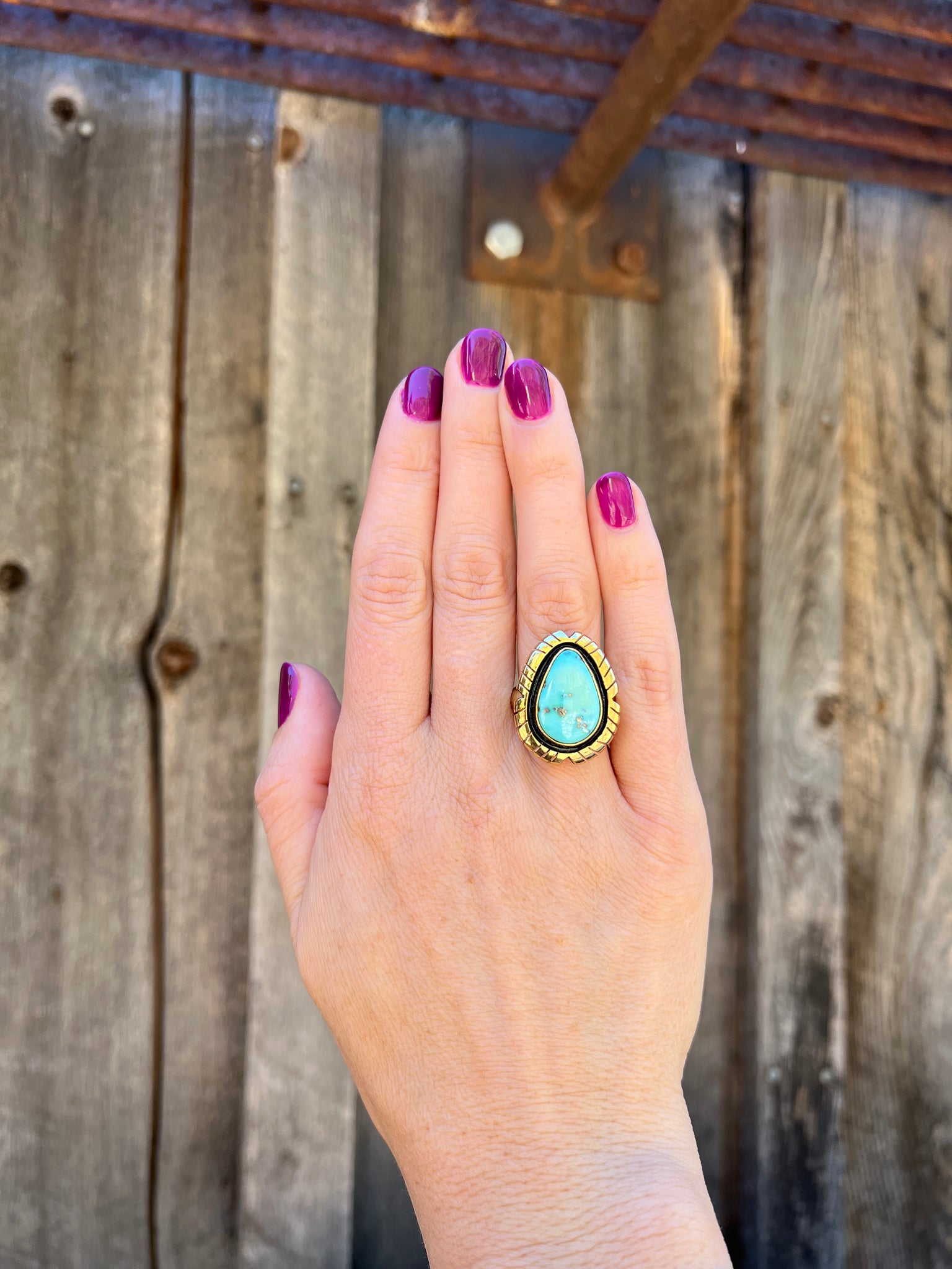 White Water Turquoise & Gold Alchemia Adjustable Ring with detailed band D2