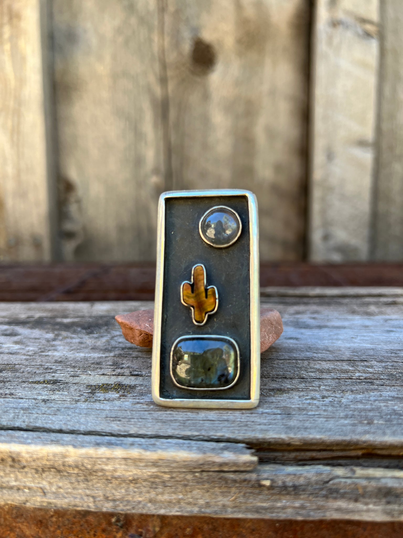 Cactus Shadowbox Ring with Labradorite & Tigers Eye in Gold Alchemia Adjustable Ring D3