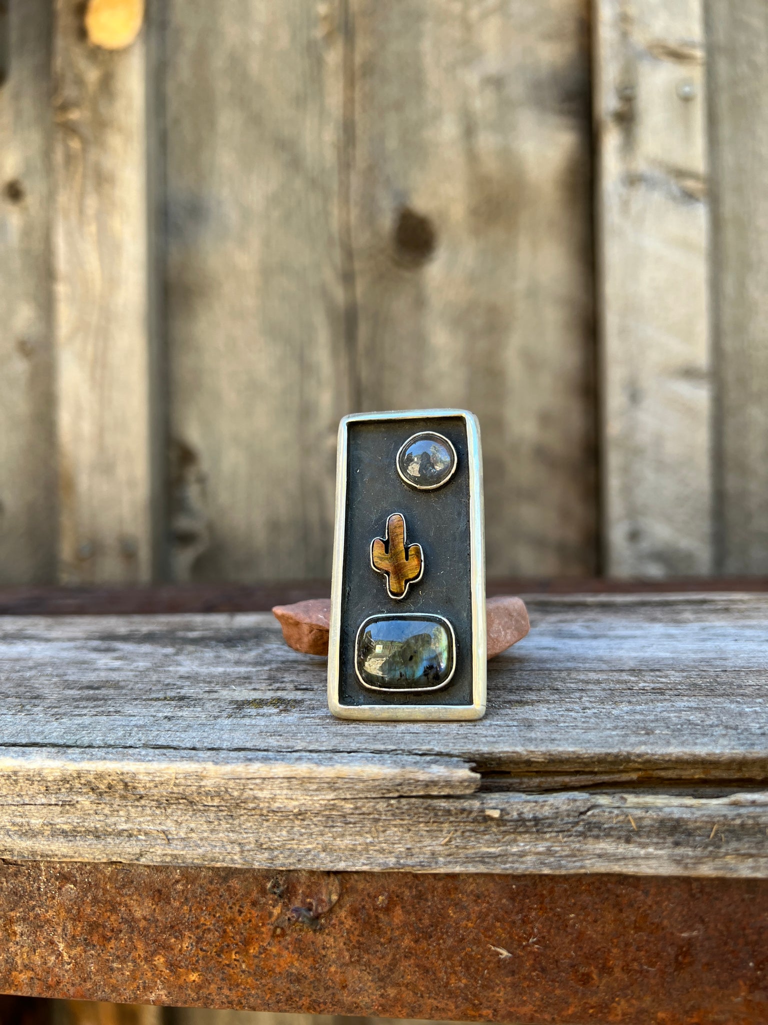 Cactus Shadowbox Ring with Labradorite & Tigers Eye in Gold Alchemia Adjustable Ring D3
