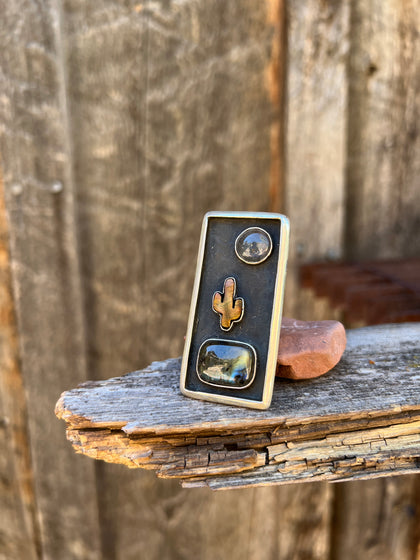 Cactus Shadowbox Ring with Labradorite & Tigers Eye in Gold Alchemia Adjustable Ring