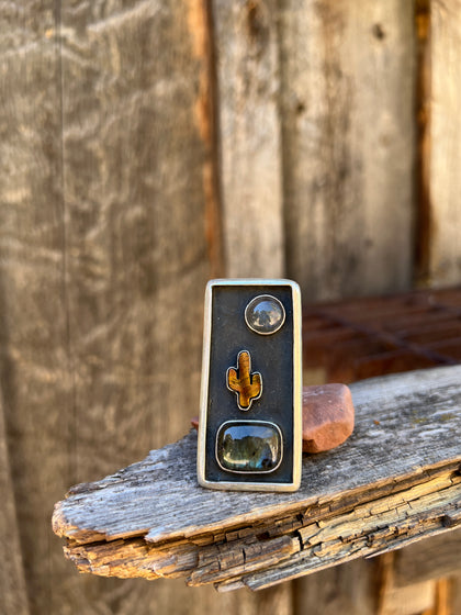 Cactus Shadowbox Ring with Labradorite & Tigers Eye in Gold Alchemia Adjustable Ring