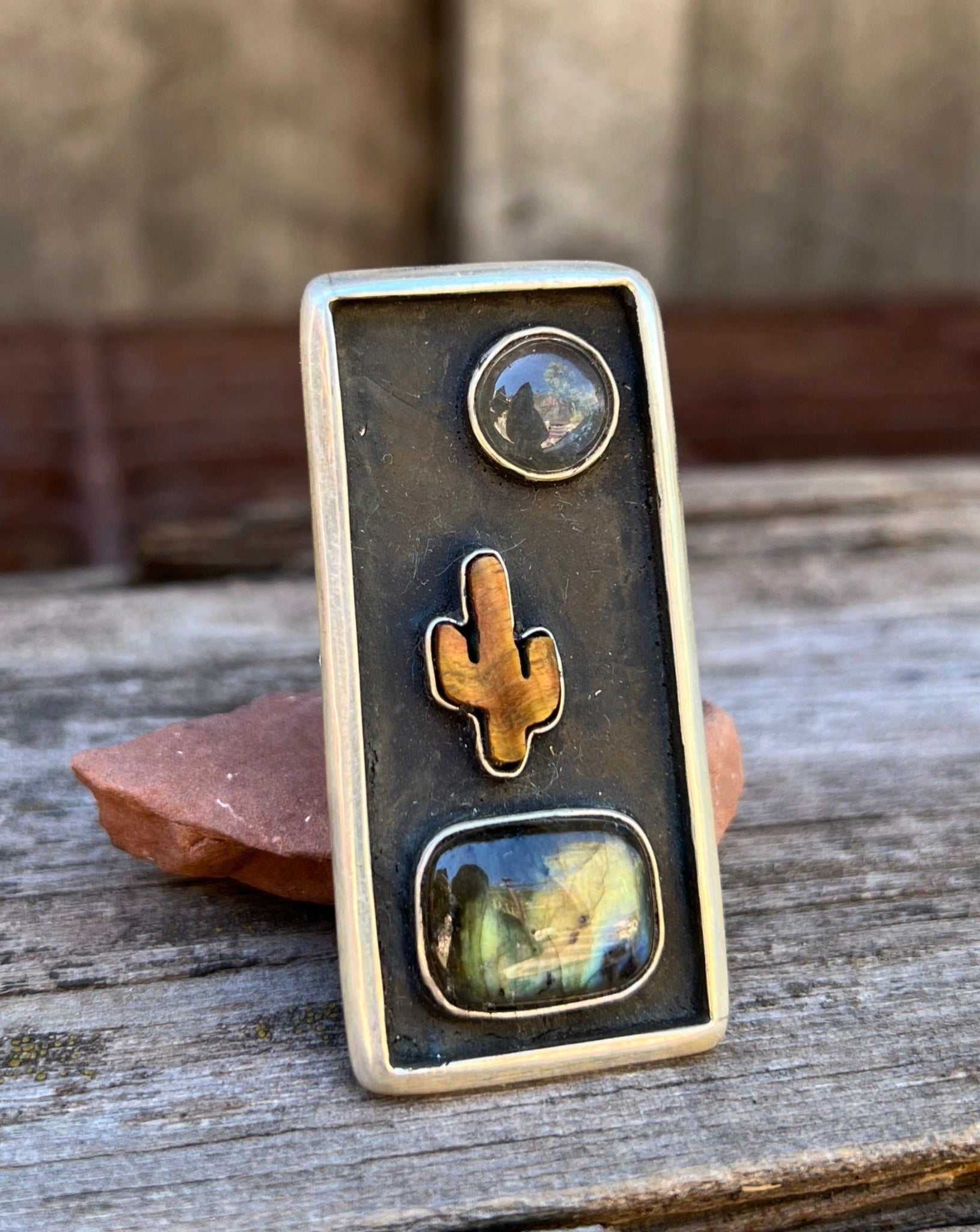 Cactus Shadowbox Ring with Labradorite & Tigers Eye in Gold Alchemia Adjustable Ring D3