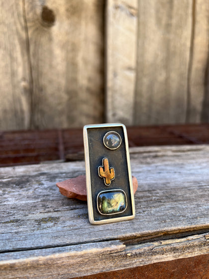 Cactus Shadowbox Ring with Labradorite & Tigers Eye in Gold Alchemia Adjustable Ring
