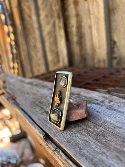 Cactus Shadowbox Ring with Labradorite & Tigers Eye in Gold Alchemia Adjustable Ring
