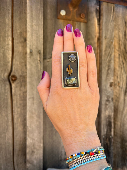 Cactus Shadowbox Ring with Labradorite & Tigers Eye in Gold Alchemia Adjustable Ring