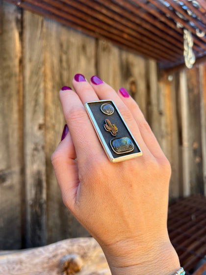 Cactus Shadowbox Ring with Labradorite & Tigers Eye in Gold Alchemia Adjustable Ring