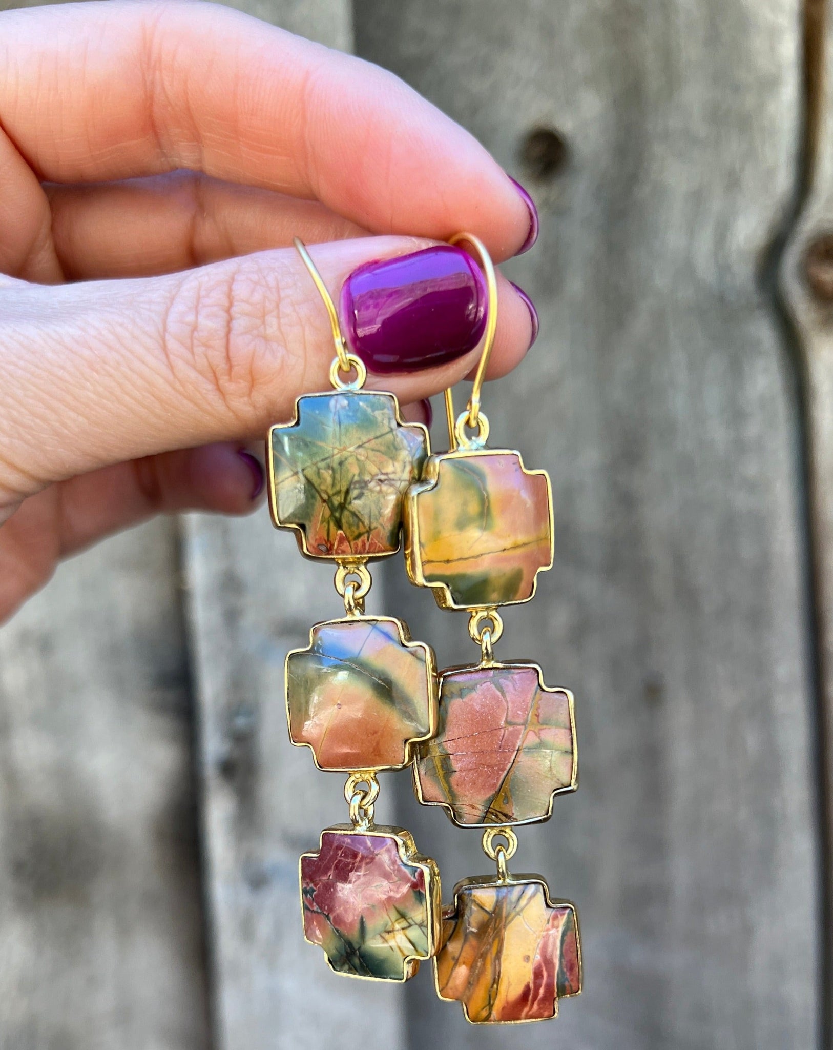 Red Creek Jasper Triple Cross Earring in Gold Alchemia D27