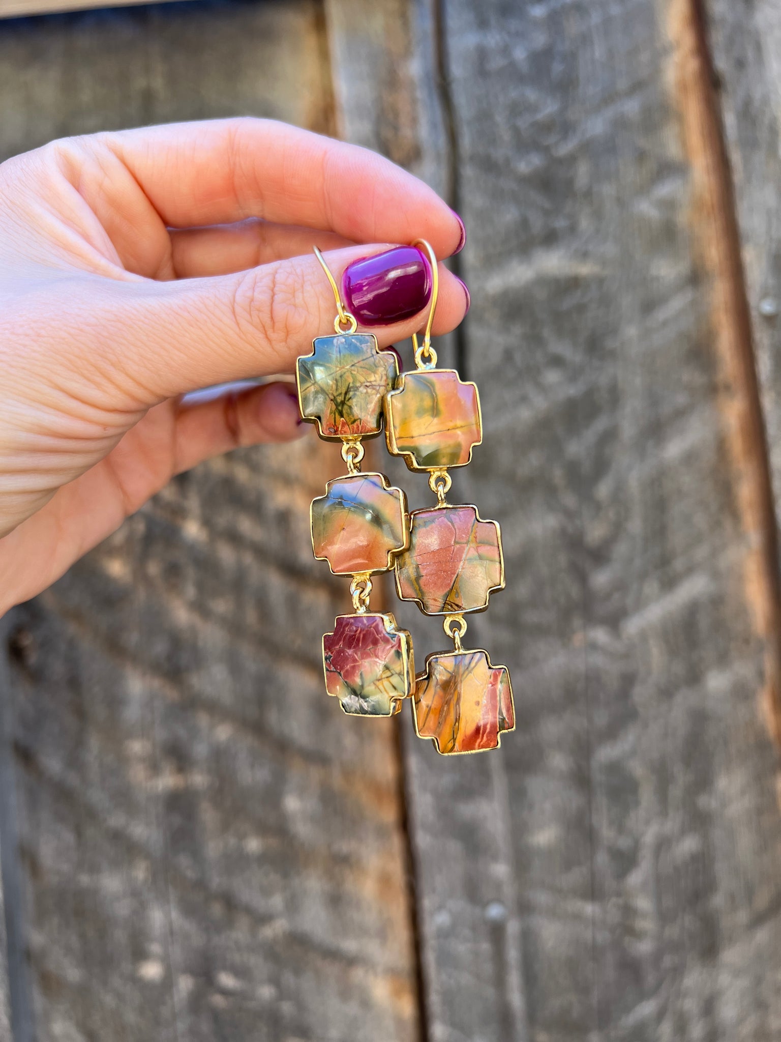 Red Creek Jasper Triple Cross Earring in Gold Alchemia D27