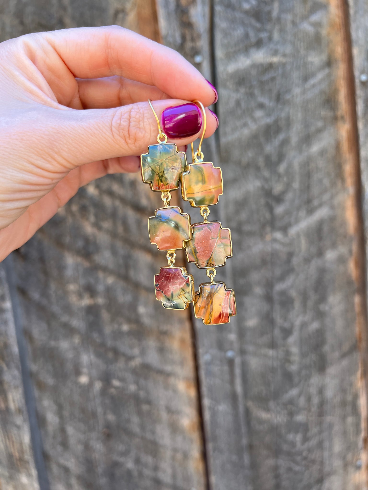 Red Creek Jasper Triple Cross Earring in Gold Alchemia D27