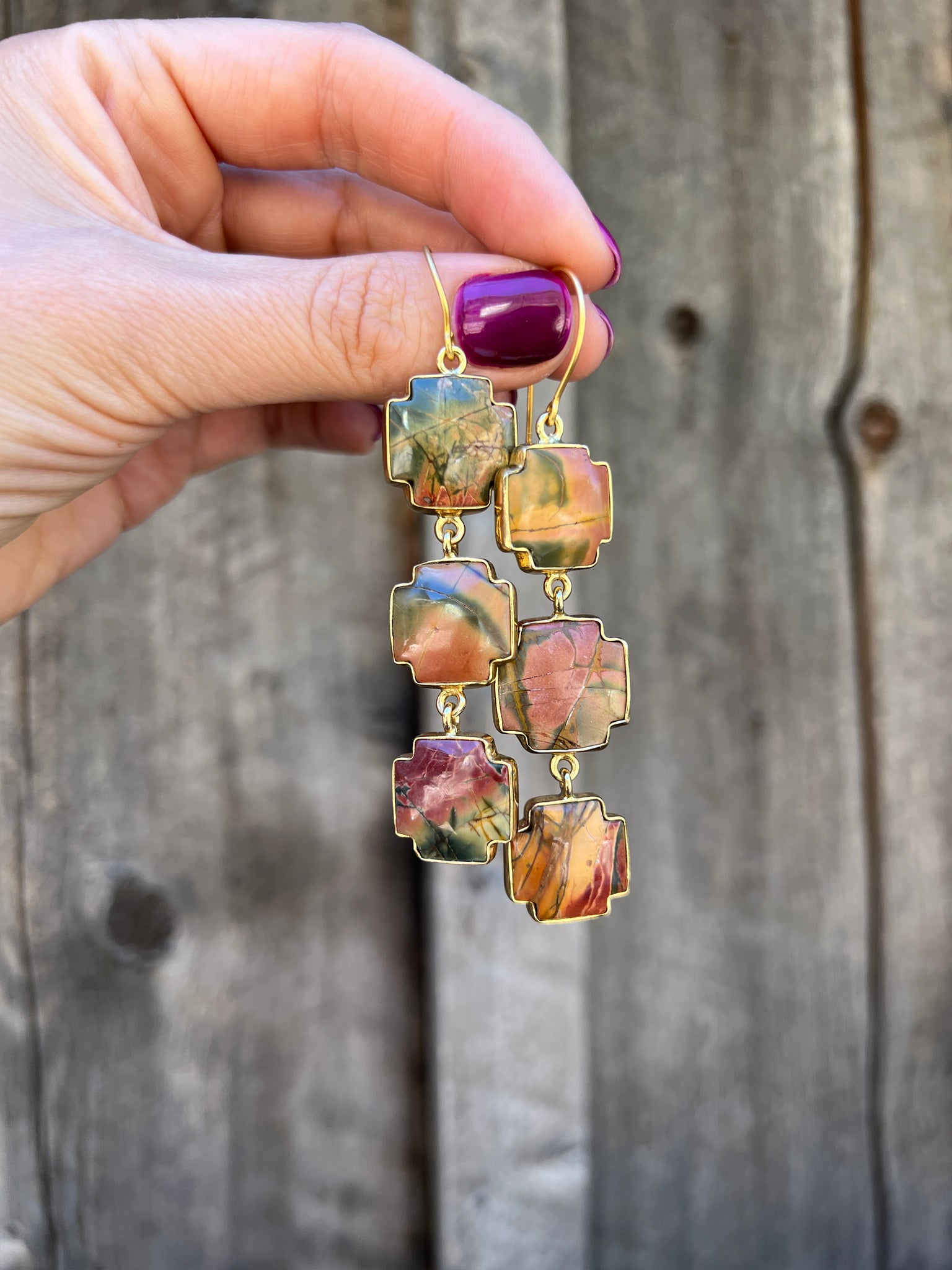 Red Creek Jasper Triple Cross Earring in Gold Alchemia D27