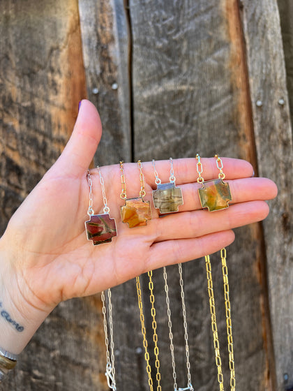 Red Creek Jasper Alpine Cross Necklace in Gold Alchemia