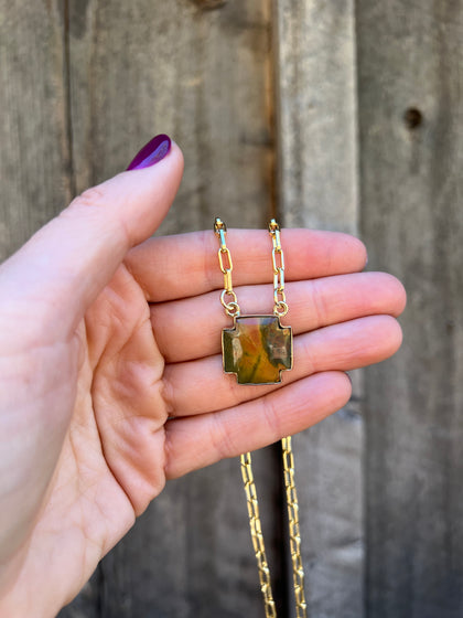 Red Creek Jasper Alpine Cross Necklace in Gold Alchemia