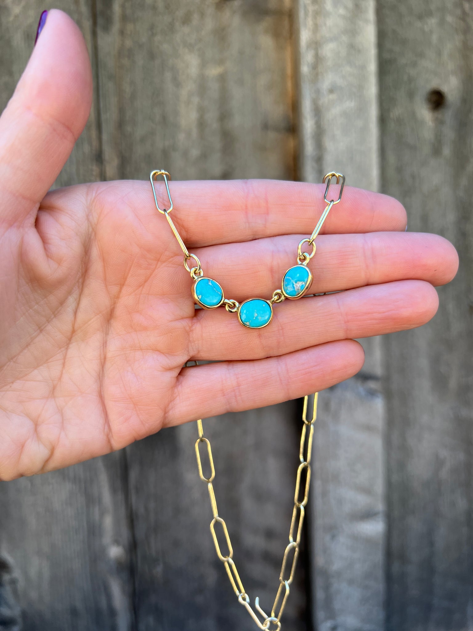 Triple Stone Blue Ridge Turquoise Necklace in Gold Alchemia with paperclip chain D47
