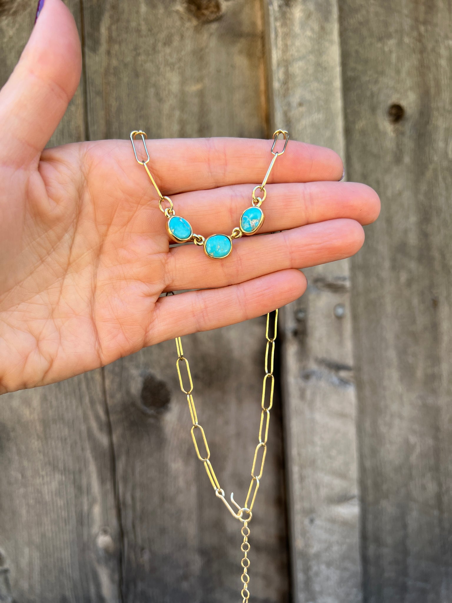 Triple Stone Blue Ridge Turquoise Necklace in Gold Alchemia with paperclip chain D47