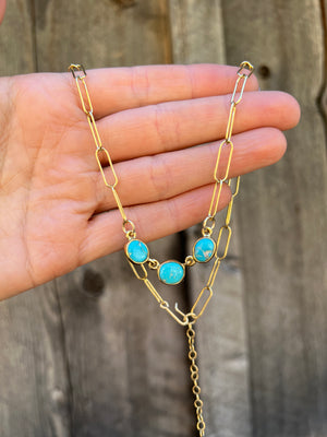 Triple Stone Blue Ridge Turquoise Necklace in Gold Alchemia with paperclip chain D47