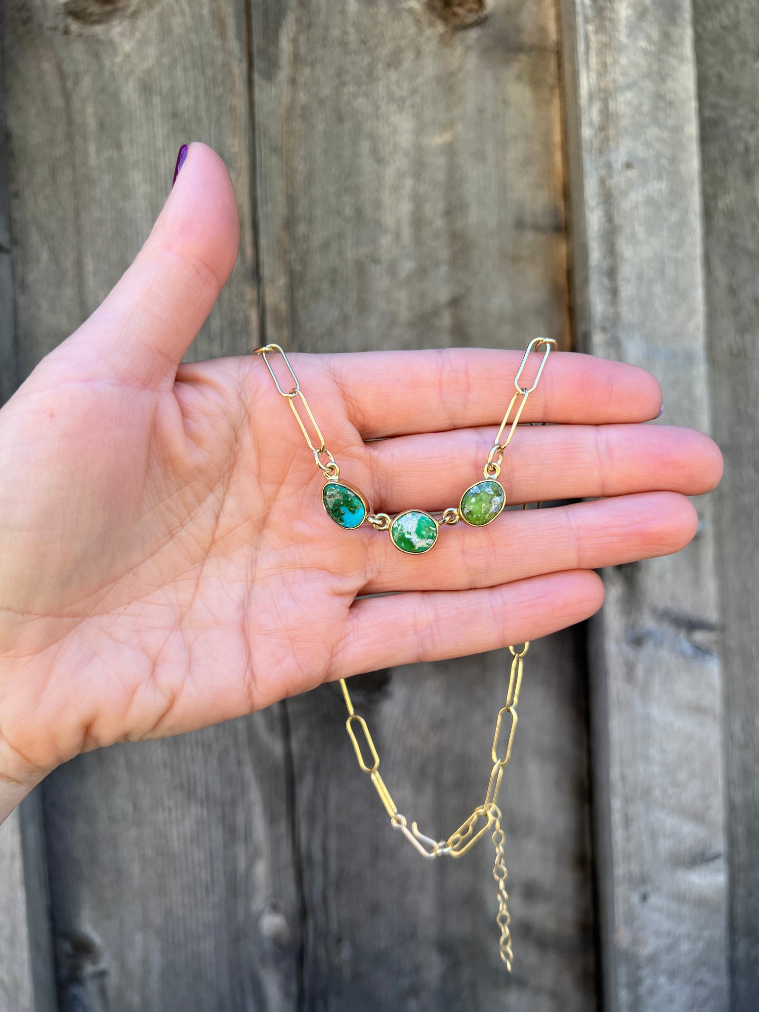 Triple Stone Sonoran Gold Turquoise Necklace in Gold Alchemia with paperclip chain D48
